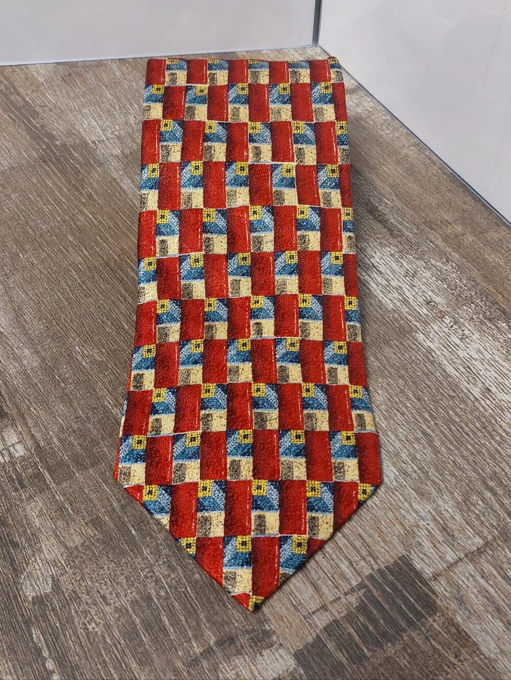 Italia Red Checked Pattern Men’s Tie with Blue and Cream Accents